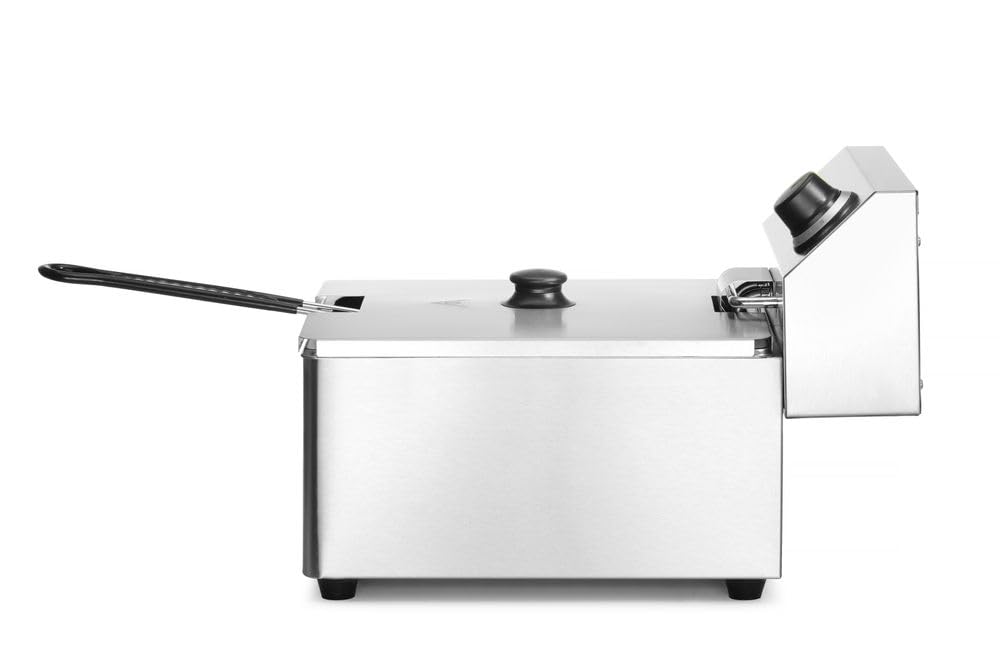HENDI Freidora eléctrica, T ajustable hasta 190°C, termostato de seguridad, zona frÃa, con tapa y cesta de freÃr, tanque de aceite extraÃble, 4L, 230V, 3000W, 217x380x(H)300mm, acero inoxidable