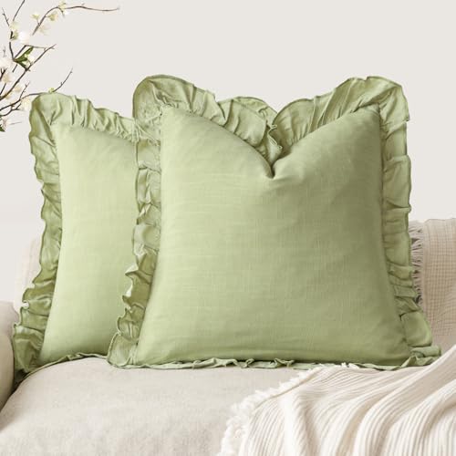 Image of Foindtower Set of 2 Decorative Linen Fringe Ruffle Throw Pillow Covers Soft Boho Farmhouse Cushion Cover Cozy Accent Retro Pillowcase for Couch Sofa Bed Living Room Home Decor,22x22 Inch,Light Green