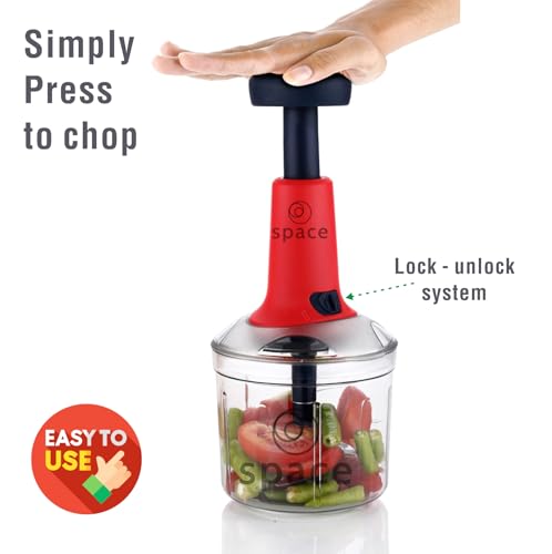 Image of Vegetable Chopper for Kitchen | Hand Chopper for Kitchen use Veg Cutter | Push Chopper 1000ml Capacity | 5 Sharp Stainlee Steel Blades (red)