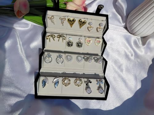 Image of Korean Designer Stud Earrings Set with Folding Jewelry Organizer Box | 12 Pairs Trendy Korean Style Stud Earrings for Women & Girls | Random Designs & Colors | Fashion Jewelry Gift Set with love note.