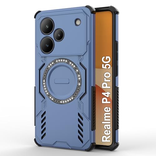 Image of amazon basics Back Case Cover for Realme P4 Pro 5G | Magnetic Case with Built-in Metal Ring | Supports MagSafe Charger, Wallet & Car Mount | Shockproof Hybrid PC + TPU | Blue