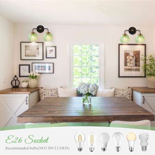Image of Bathroom Wall Light Emerald Green 2-Lights Leaf Texture Glass Shade | Modern Vanity Light Fixtures 15cm /5.9″ Thick Globe Glass Shade Mid Century Wall Lamp Sconce Over Mirror Living Room Cabinet