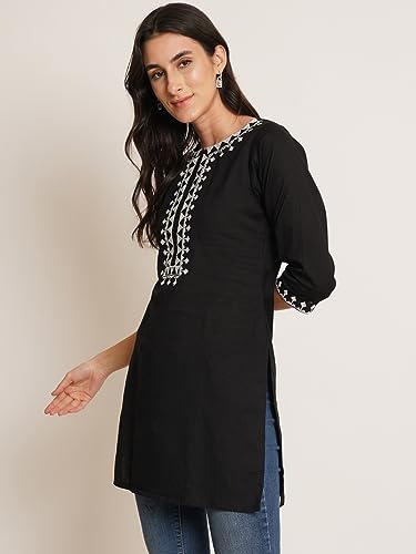 Image of Brownverse Pure Cotton Embroidered Women Short Kurti