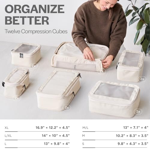 Image of Aerotrunk Compression Packing Cubes for Travel - Luggage Organizer Bags - Double Zipper Packing Cubes for Suitcases (12-Pack, Beige)