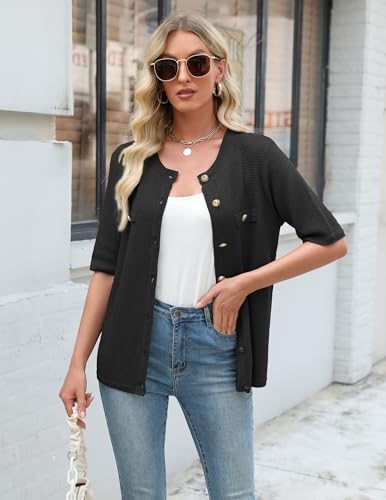Women's Summer Button Down Shirts Casual Short Sleeve Crew Neck Ribbed Knit Blouse Open Front Work Cardigans2