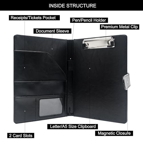 GraduatePro A5 Clipboard Folder with Storage Leather Waterproof Magnetic Conference Presenter Document Business Organizer Sleeves Black - Image 2