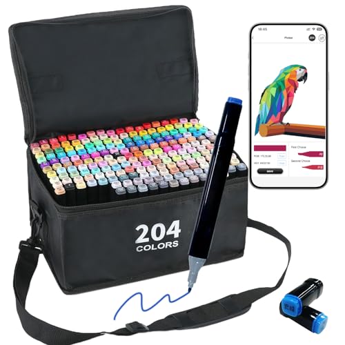 Vokiuler 204 Farben Marker Stifte Alkohol Marker mit kreativer App Twin Marker Set für Erwachsene Künstler und Illustratoren Als Geschenk mit Tragetasche