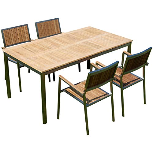 ASS ALEOS. Gartengarnitur Edelstahl Teak Set Tisch 160x90 cm + 4 Teak Sessel A-Grade Teak Holz Serie Kuba Gastroqualität