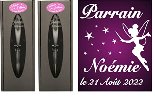 Lot : 1 Flûte Parrain + 1 Marraine (ou 2 Parrain ou 2 Marraines au Choix) - Flûtes à Champagne Gravées Modèle Fée avec 2 Boîtes Cadeaux - Baptême -...