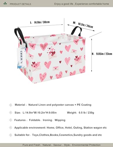 Image of Rectangular Folding Laundry Basket,waterproof Canvas Basket,Gift Basket,Suitable for Children's Room,Office,Clothes,Toys Storage(Pink Love)