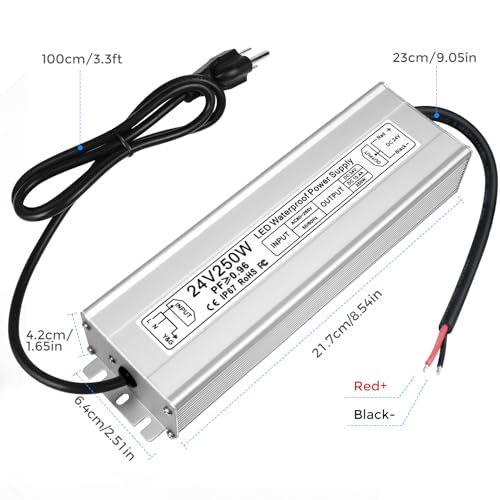 Image of LED Driver 250W 24V Power Supply, IP67 Waterproof Low Voltage Transformer, AC 80-265V to DC 24V 10.4A Converter with 3-Prong Plug 3.3 Feet Cable for Outdoor LED Lights, Industrial, Computer