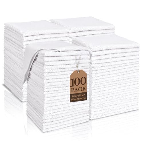 Image of TEAWOO White Washcloths 100 Pack, Highly Absorbent & Quick Drying | Face Towels, Soft Bath Towels, Multi-Purpose Microfiber Wash Cloths for Bathroom, Hotel, Spa, Gym and Kitchen, 12x12 inches