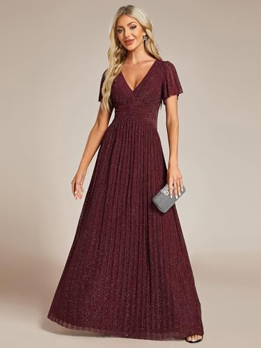 Image of Ever-Pretty Women's V-Neck Glitter Formal Dresses Pleated Short Sleeves Floor Length A-Line Mother of Bride Dress 11961