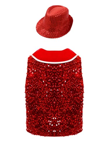 Jhaoyu Unisex Recital Bundle Sequin-Embellished Velvet Vest with Bowtie Hat Irregular Hem Waistcoat for Dance Parties2
