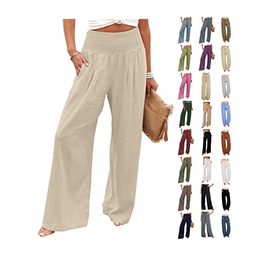 XUNRYAN Women's Cotton Linen Wide Leg Pants Summer Casual High Waisted Boho Palazzo Pants Baggy Lounge Trousers w Pockets