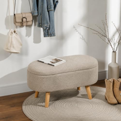 Image of Upholstered Ottoman Storage Bench, Premium Boucle Fabric, Heavy Duty 120 Kg Load Capacity, Multipurpose Seating for Living Room & Bedroom, Stone Beige