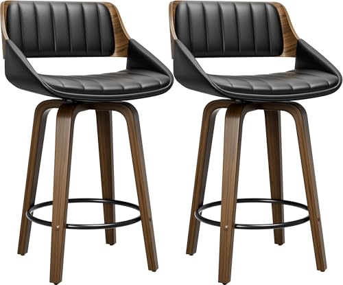 Image of YaFiti Bar Stools Set of 2, 26 inch Swivel Counter Height Barstools with Bentwood Back and Legs, Mid Century Modern Upholstered Faux Leather Counter Stools for Kitchen Island, Bar, Dining Room, Black