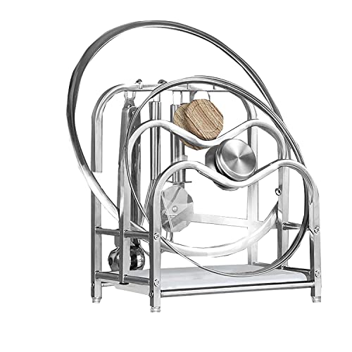 BYMYHO Organizador Sartenes Con 4 Ganchos y Bandeja de Goteo Organizador Tapas Ollas Acero Inoxidable Soporte Sartenes para Cocina Cover