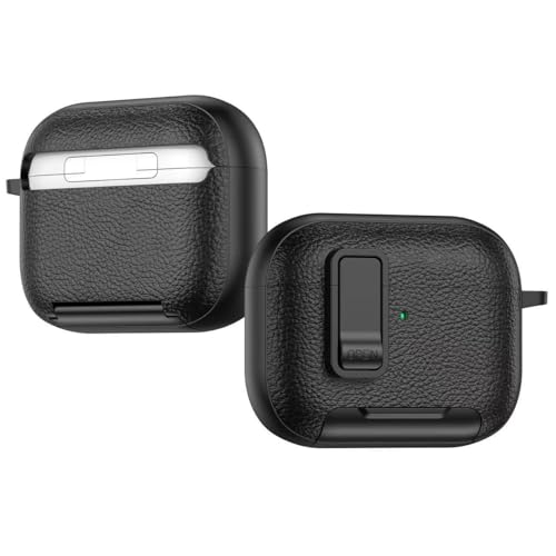 Image of Rugged Case Cover for Apple Airpods Pro 3 (2025), TPU + PC with Leather Texture, Clip Lock Design, Includes Phone Stand, Carabiner, Black (Orange, Leather with Stand)