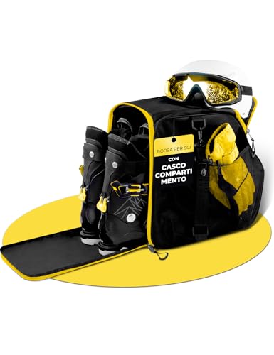 STYNGARD Borsa per scarponi da sci con scomparto per casco e scomparto per stivali [40 L] – Borsa da sci con funzione di tracolla e spazio per accessori – modello ZERMATT (Nero-giallo)