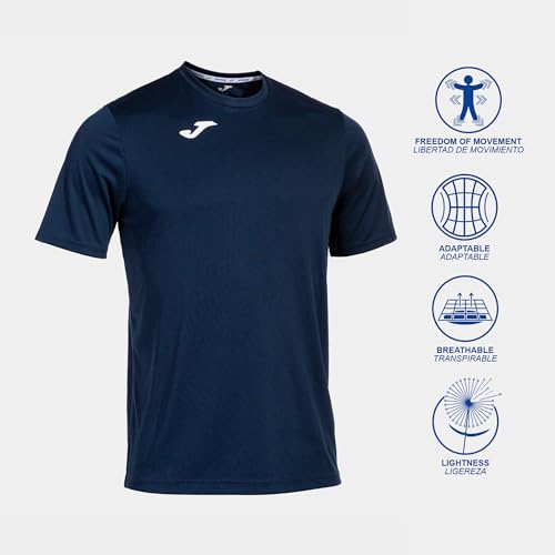 Camiseta Joma azul con iconos que destacan libertad de movimiento, adaptabilidad y transpirabilidad.