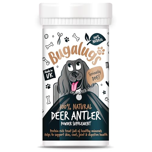 Bugalugs Deer antlers Supplement dog food toppers Powder for Dogs & puppy, high in protein dog food, fibre, vitamins & minerals. 100% Natural reindeer antlers dog supplements use with licky mat (70g)