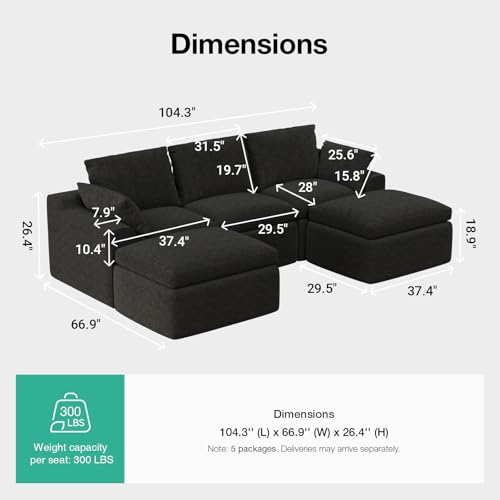 Image of Novilla 104.3 inch Modular Cloud Couch, Modern Sectional Sofa with Smarts Coil Support, Chenille Fabric, Upholstered Couch for Living Room Apartments Bedroom, No Assembly, 3 Seater + 2 Ottoman, Dark Grey
