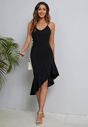 Cmz2005 Womens Backless Adjustable Spaghetti Straps Mini Dress Sexy V Neck Ruffles Cocktail Party Dresses 71995 (Black, L) #TOP4