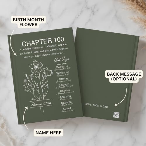 Personalized 100th Birthday Journal, Christian Faith Gift, Custom Name Birth Flower Notebook, Hardcover Floral Diary, 100th Birthday Keepsake for Mom, Dad, Wife, Husband, Grandma, Grandpa, Family or Friend - VERSE100_3 - Image 3