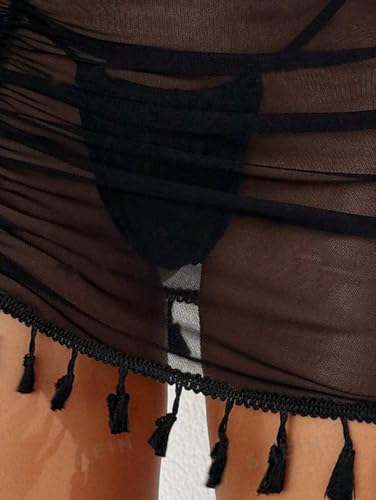 ZAFUL Women Beach Sheer Cover Ups Boho Mesh Bikini Ruched Tassel Skirt for Swimwear2