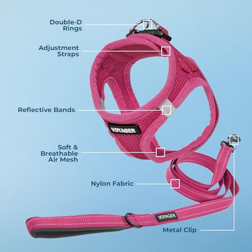 Image of Voyager Step-in Air All Weather Mesh Harness and Reflective Dog 5 ft Leash Combo Neoprene Handle, for Small, Medium and Large Breed Puppies by Best Pet Supplies - Fuchsia (Matching Trim), S