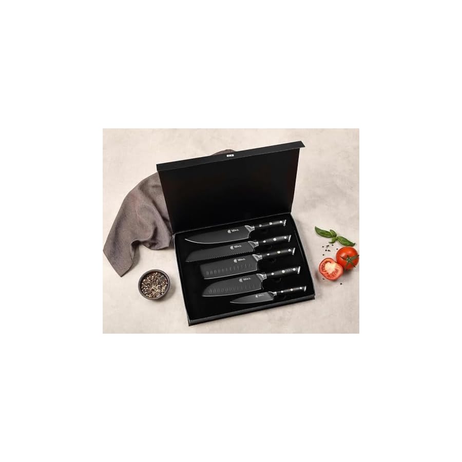 Wakoli Knife Block Sets, 5-Piece Chef Knife Set with Block - Professional Kitchen Knife Set with Magnetic Knife Block, 5Cr15MoV Stainless Steel Kitchen Knife Block Set with G10 Handles (Titanium Noir)