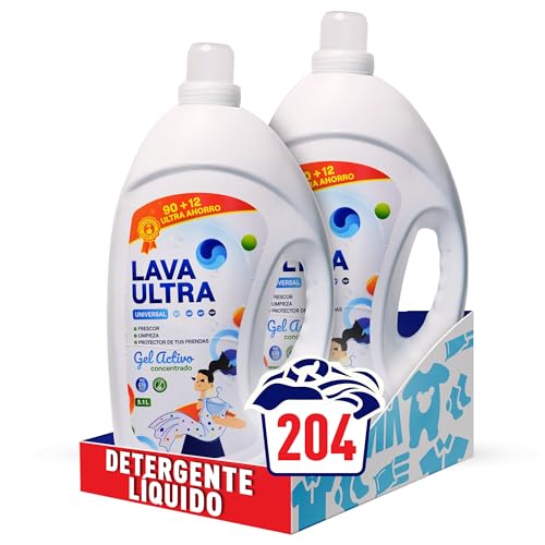 Pack de 10.2L - 204 Lavados, Lava Ultra Gel Activo - Detergente Líquido Concentrado para Lavadoras, Sin Fosfatos, Apto para Todo Tipo de Telas, Suave y Fresco, Fabricado en España