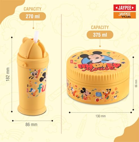 Image of JAYPEE First Step Inner Stainless Steel Insulated Lunch Box Meal and Sip Combo for School Kids Water Bottle Sipper & Disney Princess School Kids Tiffin Box 375 & 270 ml Water Bottle, Yellow