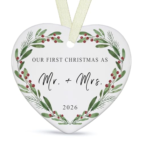 Mr & Mrs First Christmas Ceramic Heart Ornament 2026 Newlywed Wedding Gift