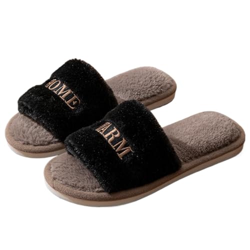 Women's Open Toe House Slippers Letter Embroidery Plush Slippers Fuzzy Slippers Cozy Fluffy Indoor Comfortable Slip-on