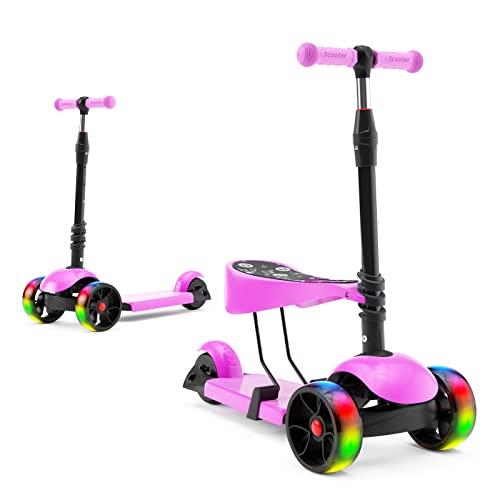 XJD 2 in 1 Toddler Scooter with Removable Seat Scooters for Kids Scooter 3 Wheel Kick Scooters for Girls Boys Adjustable Height Extra Wide Deck Scooter for Children from 2 to 8 Years Old, Pink