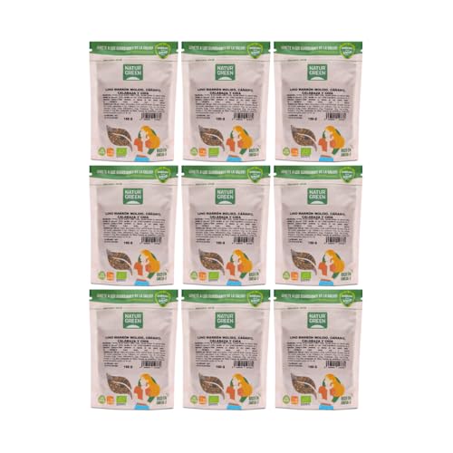 NaturGreen - Semillas de Lino, Cáñamo, Calabaza y Chía Bio, Pack 9 x 150 g, Mix Ecológico Rico en Omega 3, Fibra y Proteína Vegetal, Ideal para Batidos, Yogures, Pan Casero, Vegano y Sin Gluten