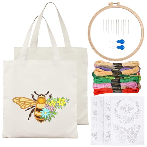 Image of GLOBLELAND Canvas Tote Bag Embroidery Kit with 2 Pcs Storage Bag 1pc Embroidery Hoop 18 Pcs Embroidery Needles 4 Sheets Bee Butterfly Water-Soluble Embroidery Stabilizers 24 Pcs Threads