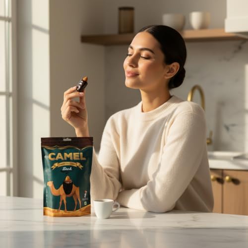 Image of Camel Almond & Dates Chocolate Dark 500gm, Premium Dates Filled with Almonds Coated in Rich Dark Chocolate, Middle Eastern Sweet Snack, Luxury Chocolate Dates Gift Box, Imported