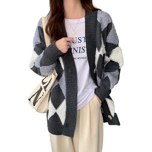 [RoyzTocz] カーディガン レディース ニット トップス アウター アーガイル 柄 羽織 vネック 前開きボタン ゆったり 体型カバー 大きいサイズ 保温 ふわふわ 可愛い カジュアル 厚手 通勤 春 秋 冬のサムネイル