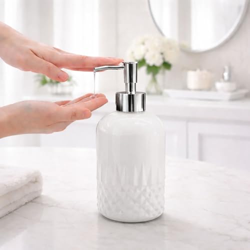 Image of Luxe Home International Diamond Cut Pattern Glass Soap Dispenser for Bathroom and Kitchen Sink Leak Proof Liquid Hand Wash Round Bottle Lightweight Smooth Finish (19.5x8 cm White) Pack of 1