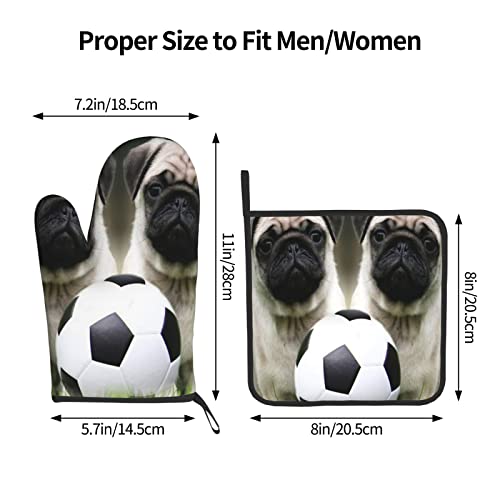 Pug Dogs With Soccer Ball Football Printed Oven Mitts And Pot Holders Sets,Washable Heat Resistant Kitchen Non-Slip Printed Grip Oven Gloves For Microwave Bbq Cooking Baking Grilling #TOP2