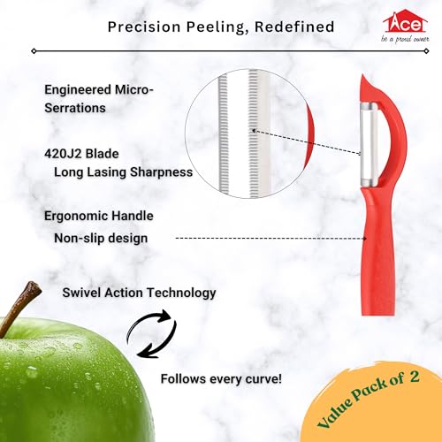 Image of Ace 2-Piece Swivel Vegetable Peeler Set - Sleek Series - Stainless Steel AISI 420J2 Serrated Blades, Ergonomic Food Grade Polypropylene Handle, Smooth Swivel Action for Potato, Carrot & Fruit Peeling
