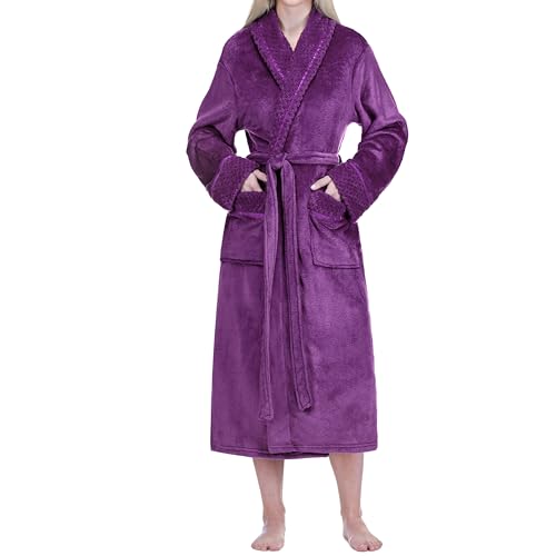 Image of PAVILIA Women's Plush Fleece Robe, Soft Cozy Long Bathrobe with Satin Waffle Trim, Warm Lightweight, Pockets & Tie Belt