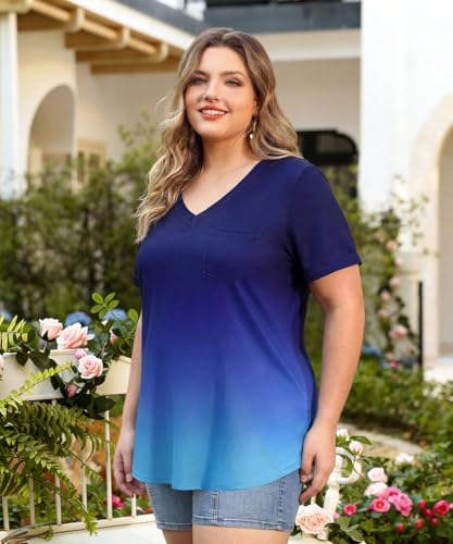 Image of TIYOMI Plus Size Tops for Women V Neck Tshirts Basic Tunic Casual Hawaii Floral Tie Dye Camo Summer Short Sleeve Tee XL-5XL