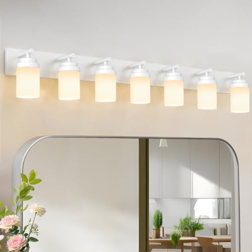 Image of IZORRO Bathroom Light Fixture White, White Glass Shade 52-Inch 7-Light