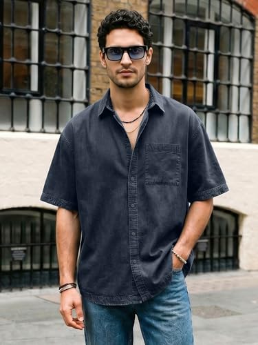 Image of Urbano Fashion Men's Oversized Fit Half Sleeve Washed Casual Denim Shirt