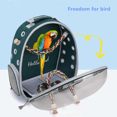 Image of Bird Traval Carrier Cage, Multi Vent Holes Clear Space Capsule Astronaut Backpack to Carry Parakeet Cockatiel Parrot with Metal Tray Wood Perch, Vet Transport Book Bag (Green) (Green)