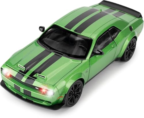 Image of 1:22 Dodge Challenger SRT Hellcat Die Cast Toy Car with Sound Light Pull Back Action Model Vehicle for Kids & Collectors Realistic Design Great Gift for Car Enthusiasts (Green)